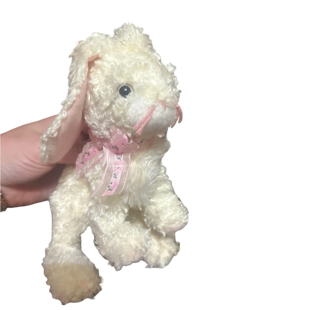 Plush Cream Bunny with Pink Ribbon - Soft Cuddly Toy
